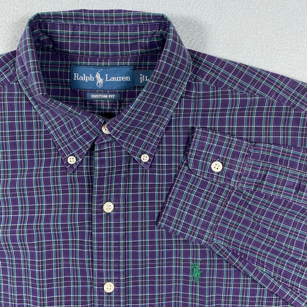 Ralph Lauren Mens Custom Fit Plaid Button Down Shirt Purple Green Blue Large‎ L